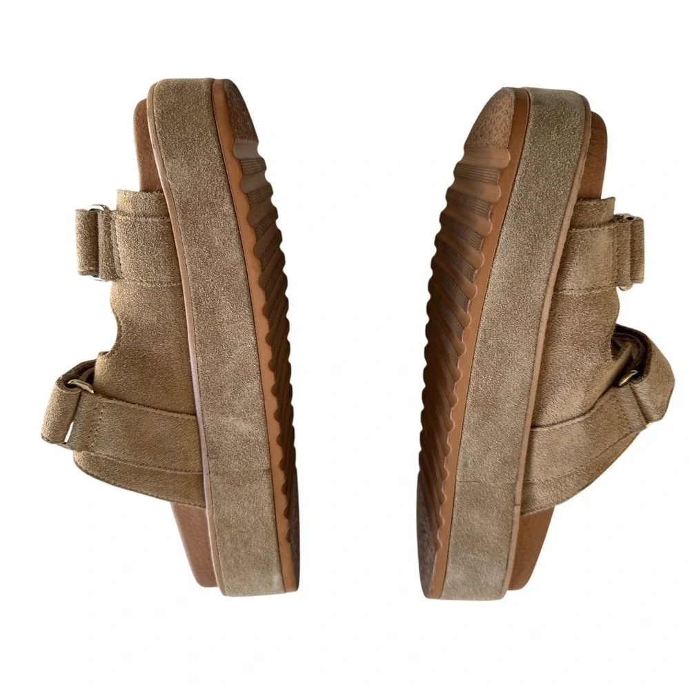 Steve Madden Bigschmona Taupe Suede Platform Slide Sandals Gold Hardware 8.5 - Picture 4 of 8